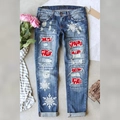 Women's dark blue distressed denim jeans with Ho Ho Ho Christmas print and red patches - S / Dark Blue Christmas Print