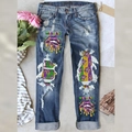 Jeans a gamba larga stile high street con stampa Mardi Gras e strappi denim - S / Stile Blu Scuro Stampato