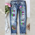 Locker geschnittene Jeans mit Karneval-Druck, Leoparden-Patches und rosa Rosen-Deko - S / Gestreift Leopard + Maske + Ballon Druck