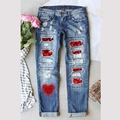 Damen-Jeans mit geradem Schnitt, roten Herz-Pailletten und Aufschlag am blauen Denim - S / Blauer Herz Pailletten Patch Stil