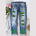 Jeans slim in denim con stampa quadrifoglio di San Patrizio e toppe verdi festive - S / Stile Trifoglio Blu