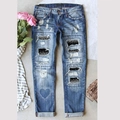 Jean droit taille mi-haute bleu rétro avec écussons pailletés et strass en forme de cœur - S / Bleu foncé