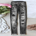 Jean gris taille mi-haute déchiré avec doublure pailletée et motif cœur strass - S / Gris