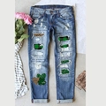 Jeans blu da donna con strappi e toppe a trifoglio lucky per il giorno di San Patrizio - S / Blu Strappato con Patch