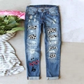 Jeans blu da donna con toppe a trifoglio e simpatico dettaglio stampato a giraffa cartoon - 3XL / Blu Con Stampa Mucca E Motivo Occhiali A Cuore Rossi