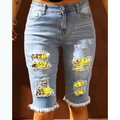 Pantalones cortos vaqueros de cintura alta con parches de leopardo y softball para mujer - S / Azul Claro (Estampado de Béisbol Amarillo)