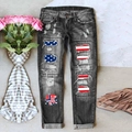 Jeans neri dritti strappati con toppe bandiera americana e lavaggio vintage - S / Nero