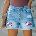 Women's high waist denim shorts with American flag patches and distressed frayed hem - S / Light Blue (TP032403)