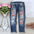 Blauwe damesjeans met gaten en rechte pijpen met een American football-embleem - S / Donkerblauw
