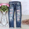 Destroyed-Jeans mit geradem Bein, US-Flaggen-Aufnähern und Vintage-Waschung - S / Dunkelblau