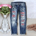Dunkelblaue Straight-Leg-Jeans mit Rissen, US-Flaggen-Patches und umgeschlagenem Saum - S / Dunkelblau