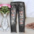 Grijze high-waist jeans met distressed look, vintage voetbalpatches en omgeslagen zomen - S / Grijze Rugby Patch Stijl (TP22412)