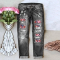 Jeans a vita alta grigio scuro invecchiati con toppe stampate bandiera football americano - S / Grigio