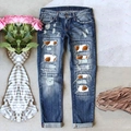 Dunkelblaue Jeans im Distressed-Look mit American-Football-Print und geradem Bein - S / Dunkelblau