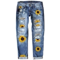 Jeans dritti lavati blu da donna con stampe girasole e dettagli strappati leopardati - Taglia S / Pantaloni e gonne / Fiori Gialli