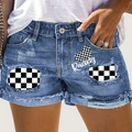 Women's blue denim shorts featuring racing style checkerboard patch and white text print - S / Racing Checkerboard Denim Blue