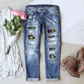 Jeans blu a gamba dritta con ricami OES e toppe a stella vintage 1850 stile moda - S / Stile Stella Multicolore Blu Lavato (TP050402)