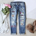Vintage-Damenjeans mit Rissen, Madonna-Porträtdruck und rosa Schriftzug im Streetstyle - S / Vintage Washed Blue Distressed Grafik-Stil (TP050403)
