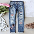 Damen Mid-Waist Jeans im Straight Cut mit US-Flaggen-Patches und floralem LOVE-Print - S / Dunkelblau (Amerikanische Flagge Druck)