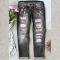 Distressed dark wash straight jeans for women with floral printed patches and rip detail - 3XL / Black (Hibiscus Print)