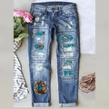 Jeans dritti blu scuro con toppe stile cowboy western e dettagli consumati - S / Blu scuro