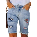 Pantaloncini denim donna azzurri con toppe a stella e leopardo nei fori strappati - S / Stile Blu Chiaro (TP071806)