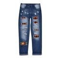 Distressed blue jeans with Halloween pumpkin print and orange plaid patches for kids - S / Yellow Plaid Pumpkin Print