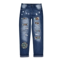 Damen Jeans mit Vintage-Patchwork, Leopardenmuster und böhmischer Blumenstickerei im Used-Look - S / Leopard Kreis Druck (TP082103-1)