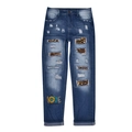 Blue washed denim jeans with leopard print patches and sunflower graphic prints - S / Leopard Sunflower Print