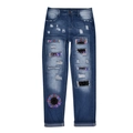Lockere dunkelblaue Denim-Jeans mit Rissen und farbenfrohen Sonnenblumen-Pailletten-Aufnähern - S / Bunte Sonnenblume Druck (TP082103-1)