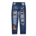 Jeans blu scuro per bambini con strappi, toppe scozzesi arancioni e stampe di gnomi - S / Stampa Gnomo Zucca (TP082115-1)