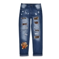 Distressed dark blue straight jeans with leopard print patches and LOVE pumpkin print - S / Leopard Ice Cream Print