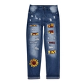 Dunkelblaue gewaschene Jeans mit Sonnenblumen-Stickerei und Leopardenmuster-Flicken - S / Leopard Sonnenblume Druck (TP082103-1)