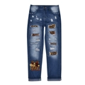 Jean bleu foncé délavé avec empiècements léopard et motifs graphiques Hello Fall - Imprimé Cœur Léopard