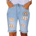 Women's light blue mid-waist denim shorts with rainbow print and plaid patches - S / Light Blue Plaid Cup Print Style (TP082107-1)