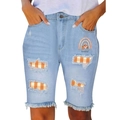 Women's light blue ripped denim shorts with floral rainbow print and raw hem finish - S / Light Blue Plaid Pumpkin Print Style (TP082107-2)