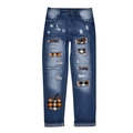 Distressed blue denim jeans with Halloween pumpkin patches and orange plaid details - S / Yellow White Plaid Pumpkin Print