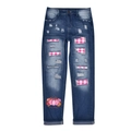 Distressed dark blue jeans with plaid patchwork and Halloween pumpkin graphic prints - Pink Checkered With Pink Pumpkin Print