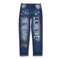 Distressed dark blue straight leg jeans with festive pumpkin print and plaid patches - S / Black White Plaid Pumpkin Print
