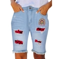 Lichtblauwe denim shorts voor dames met herfstprint, gaten en gerafelde zoom - S / Lichtblauw Rood Ruit Zonnebloem