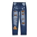 Jeans da bambino blu scuro con stampa zucca e toppe a quadri arancioni e neri - S / Quadri Gialli + Stampa Leopardata Zucca