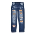 Deep blue washed jeans with orange plaid patches, flower embroidery and ripped details - S / Yellow Checkered With Floral Print