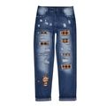 Jeans lavaggio blu con stampa gnomo di Halloween e toppe in tessuto a quadri scozzesi - S / Quadri Gialli + Stampa Gelato Babbo Natale