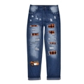 Relaxed blue wash jeans with distressed holes, plaid lining and pumpkin holiday prints - S / Yellow Checkered With Happy Fall Pumpkin Print