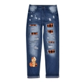 Jeans blu scuro usurati con stampa zucca di Halloween e toppe a quadri arancioni strappate - S / Quadri Gialli + Stampa 3 Zucche Gelato