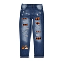 Distressed blue jeans with orange plaid lining and Hey Pumpkin printed graphics - S / Yellow Checkered With Hey Pumpkin Print