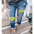 Slim fit dark blue ripped jeans featuring neon yellow baseball stitching details - 3XL / Yellow Patch Baseball