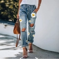 Jeans dritti da donna azzurri con stampa di girasole e coulisse elastica in vita - 3XL / Stampa Girasole (Blu Chiaro)