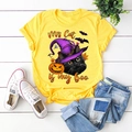 Yellow Halloween t-shirt with My Cat is my boo print, flat lay on white wood background - S / Yellow