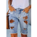 Pantaloncini di jeans a vita alta con strappi e toppe di zucca e cappello da strega - S / Stampa Zucca con Cappello